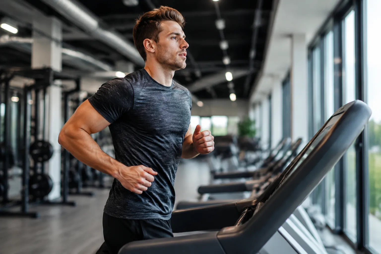 Man jogging on a treadmill in a modern gym for cardio exercise
