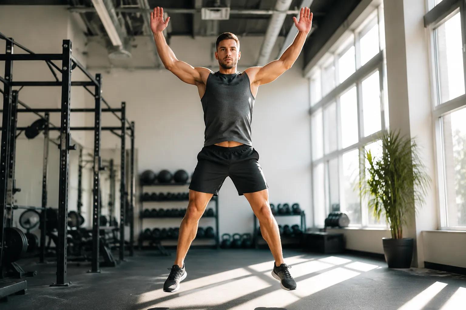 Athlete performing jumping jacks as a cardio workout in a fitness center