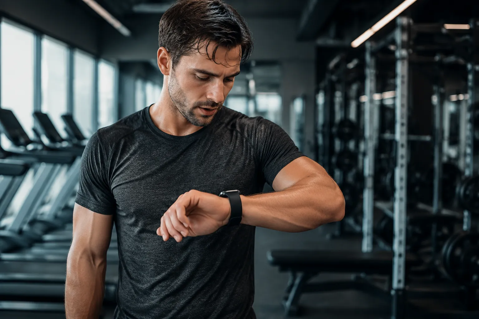 Fitness enthusiast checking heart rate on a smartwatch after a run
