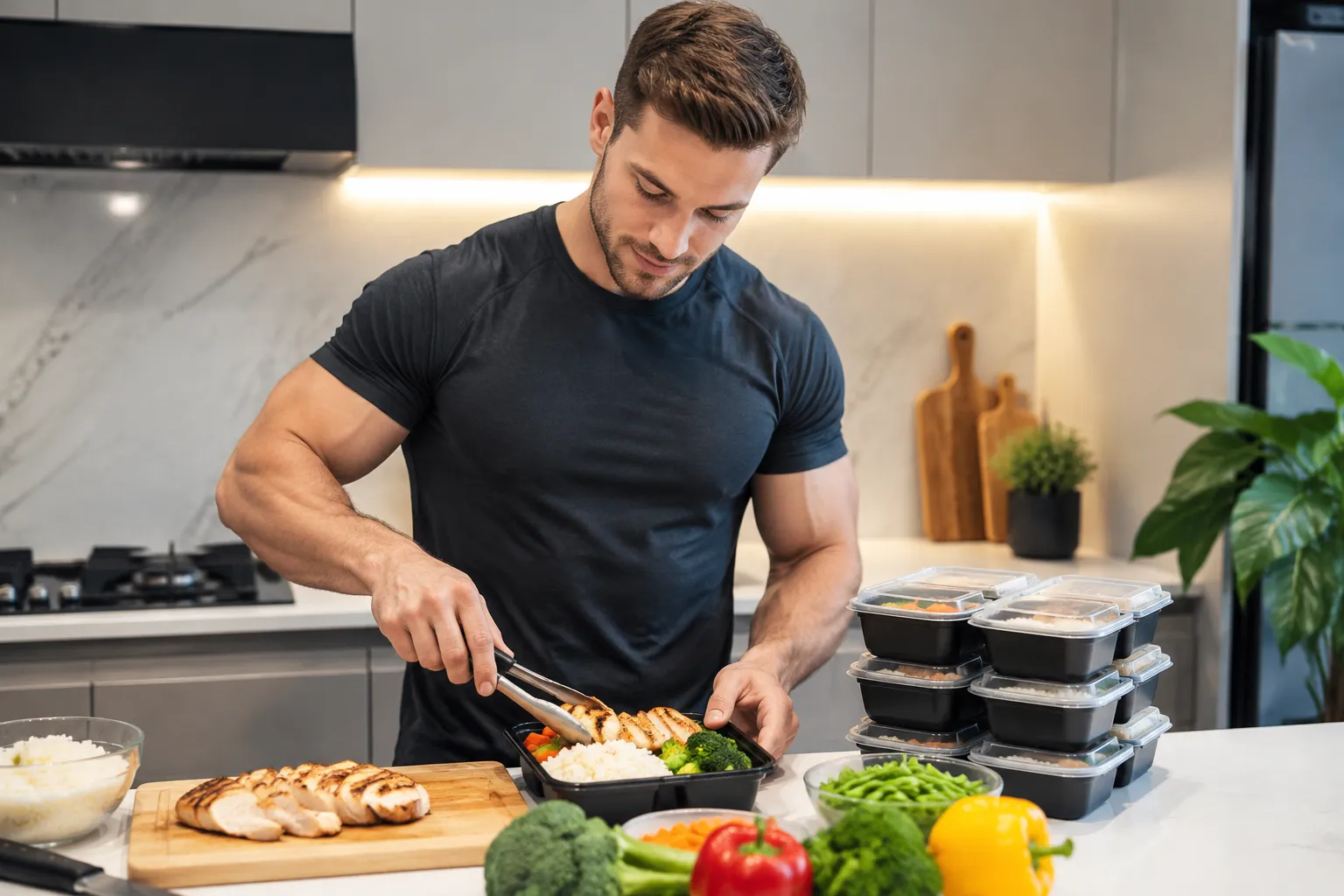 Man preparing a healthy balanced meal with chicken, rice and vegetables for fitness nutrition