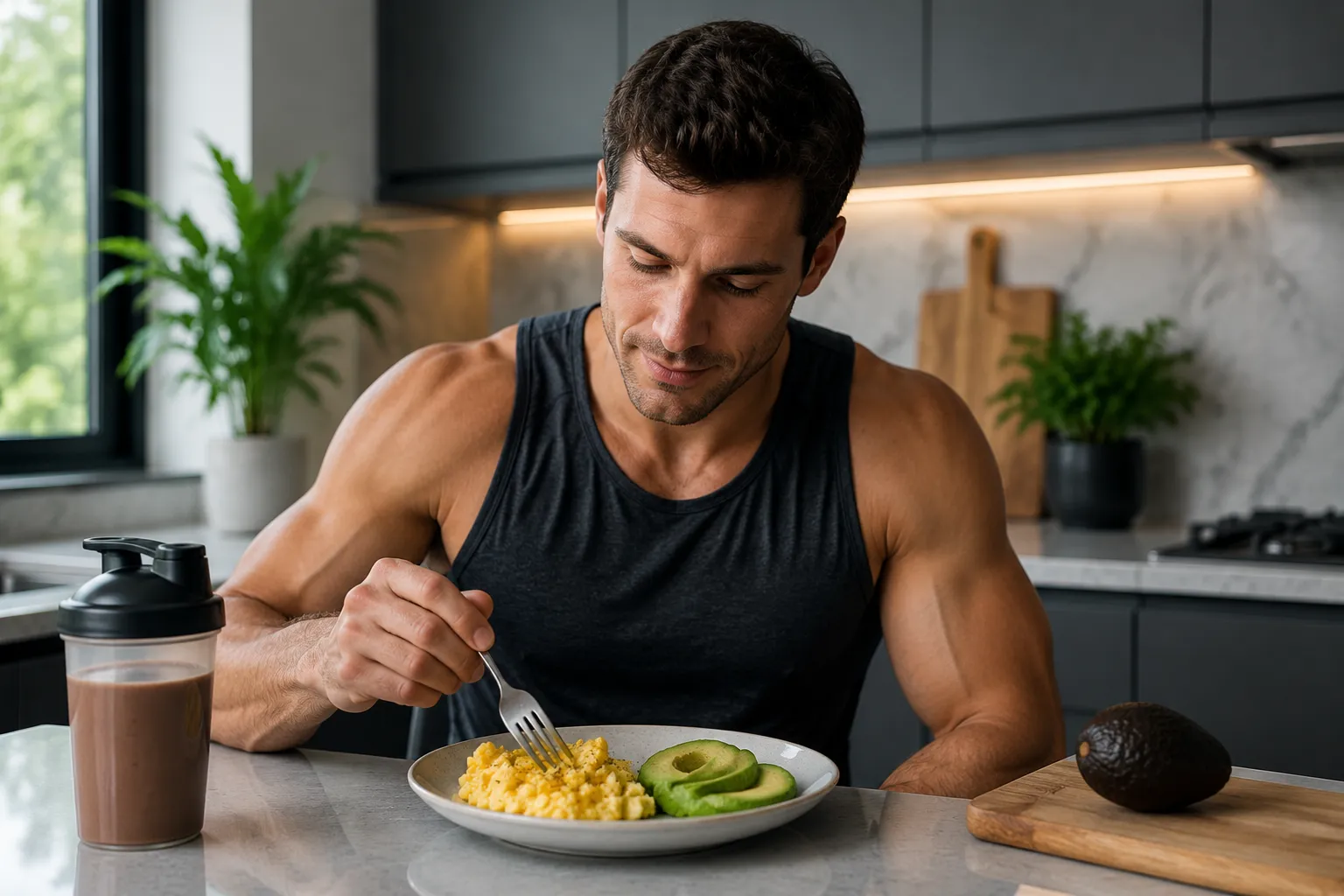 Athlete eating a protein-rich post-workout meal with eggs and avocado for recovery
