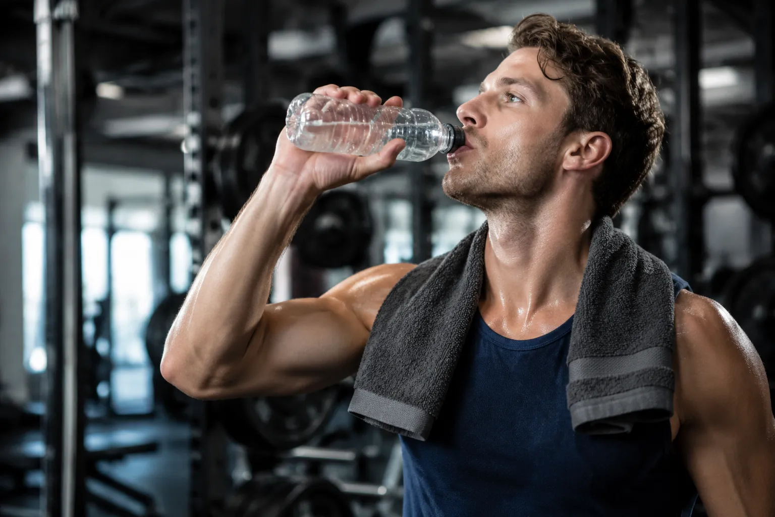 Fitness enthusiast drinking water from a bottle during a gym workout for hydration