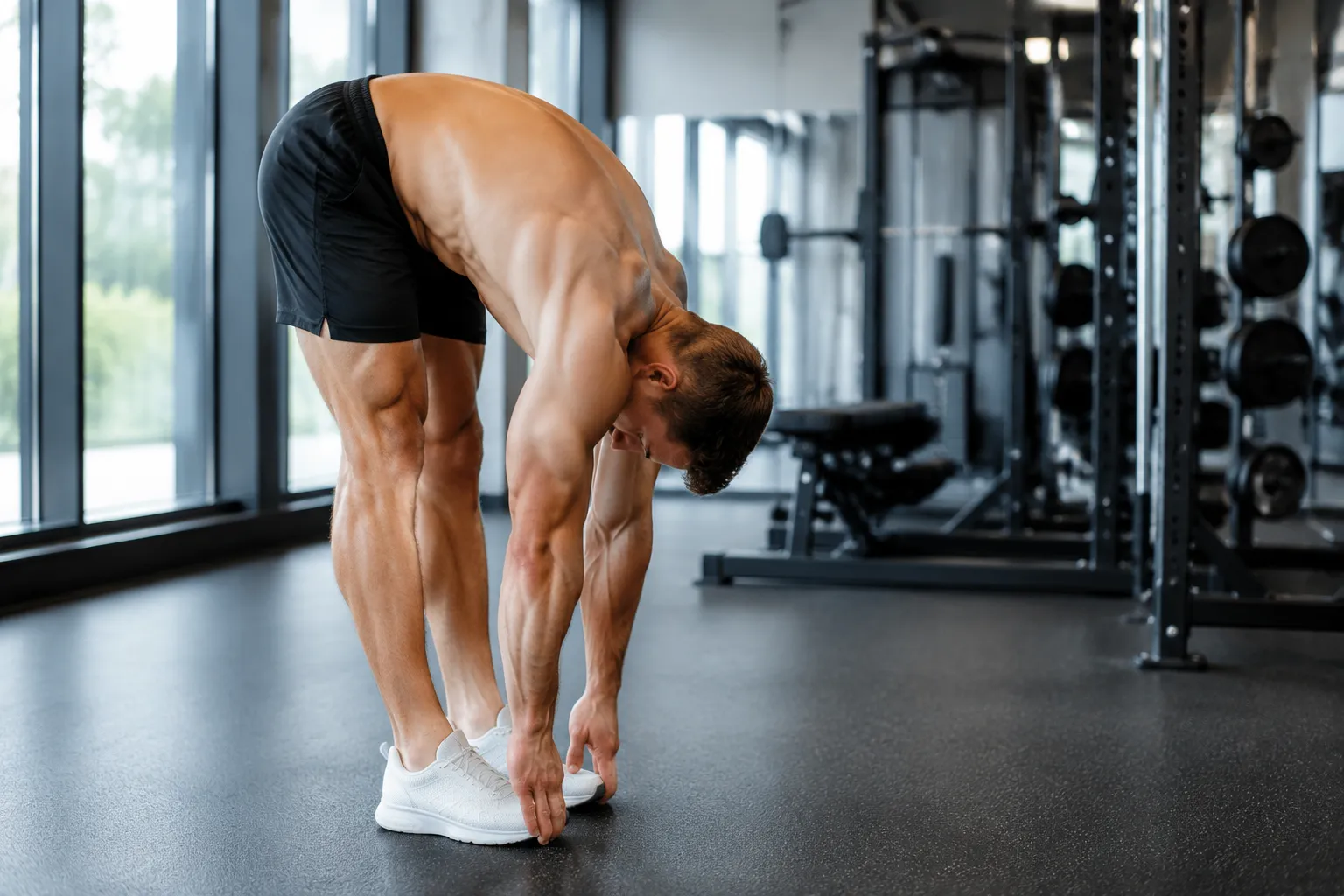Athlete performing a standing quad stretch with proper form in a well-lit gym