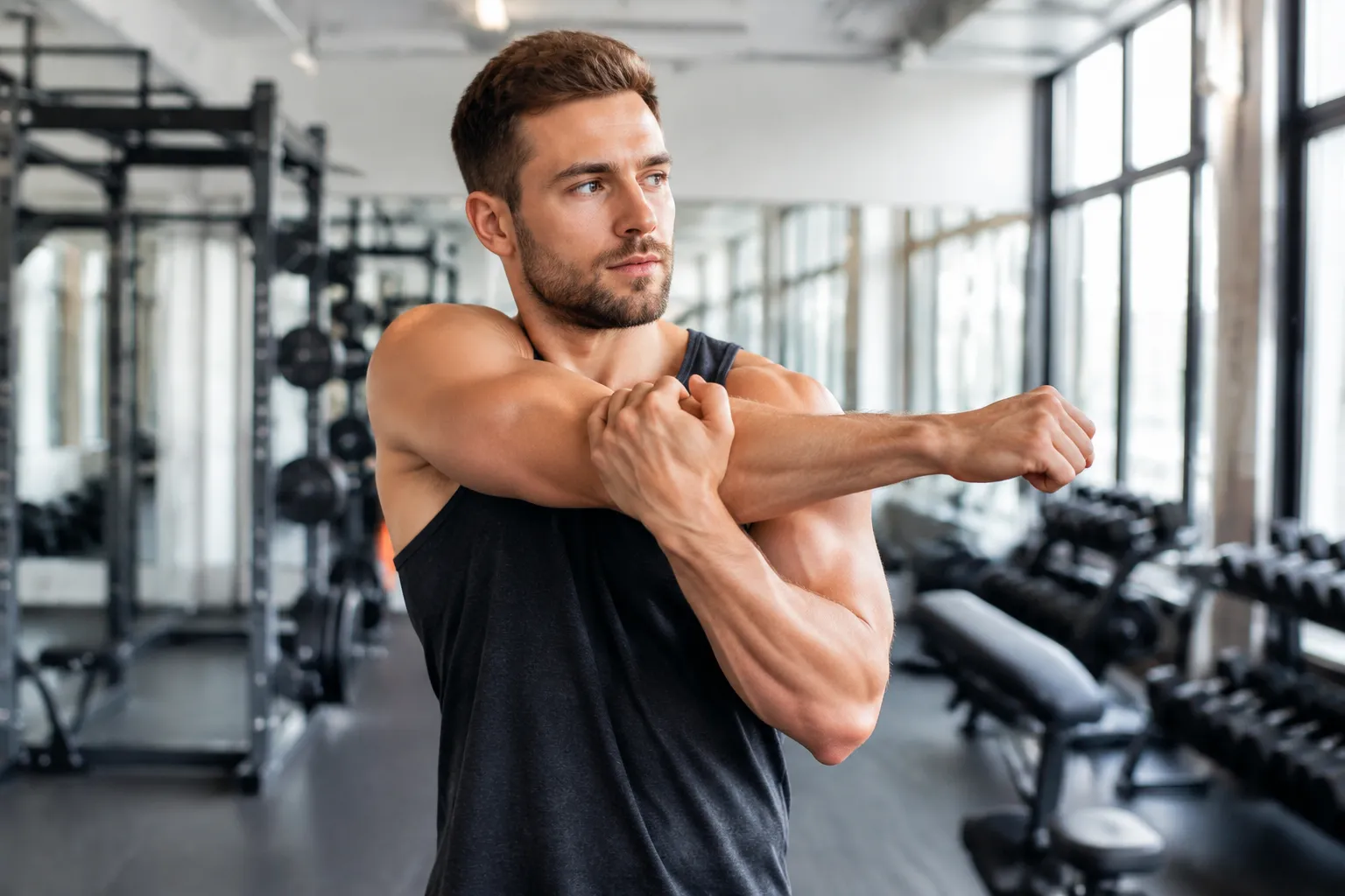 Man doing a dynamic leg swing stretch as warm-up before training in a gym