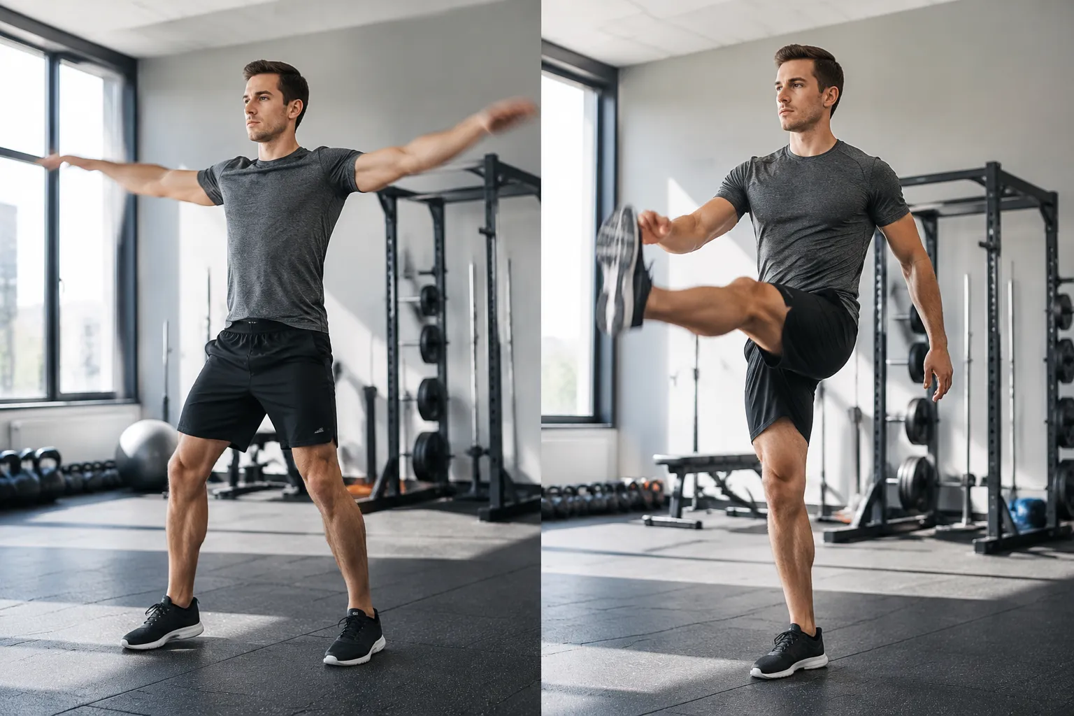 Athlete performing dynamic arm circles as a pre-workout warm-up in a gym