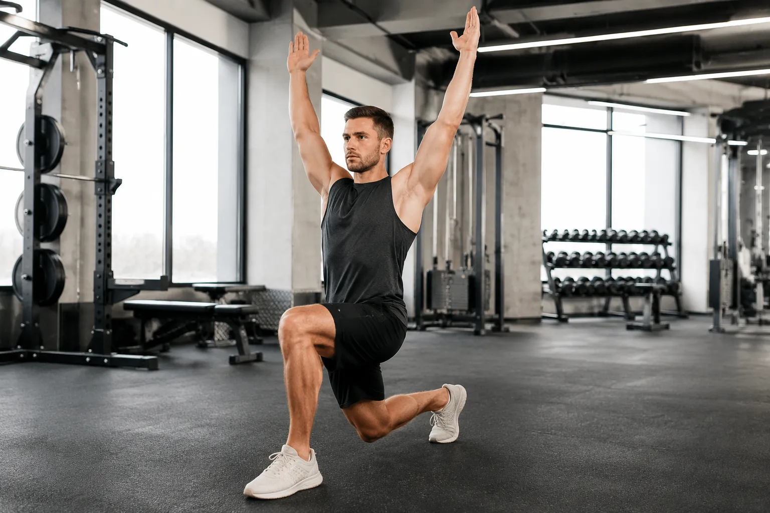 Man doing a dynamic lunge with arm raise stretch in a fitness center