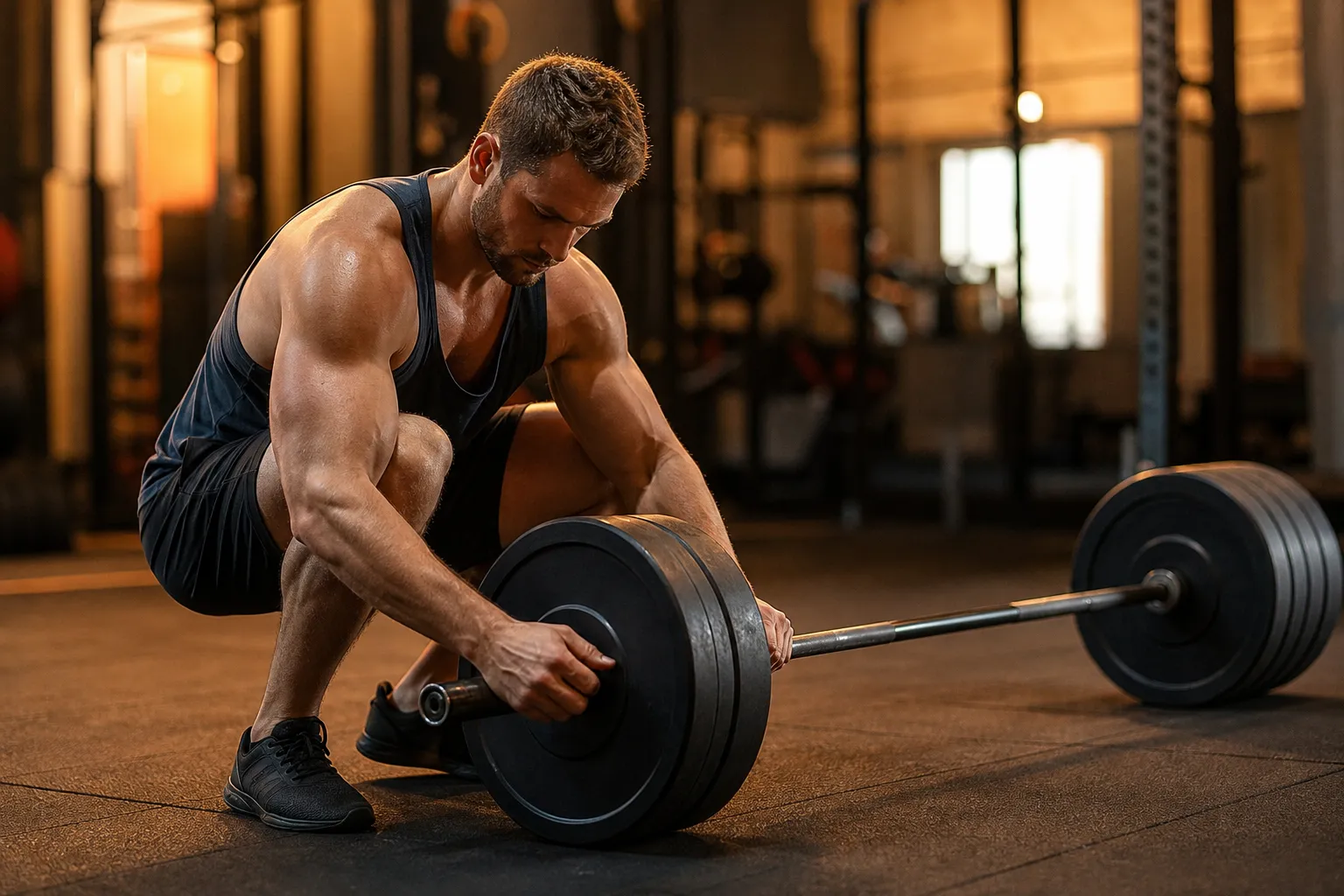 Athlete preparing a loaded barbell for an arm workout, biceps and triceps visible