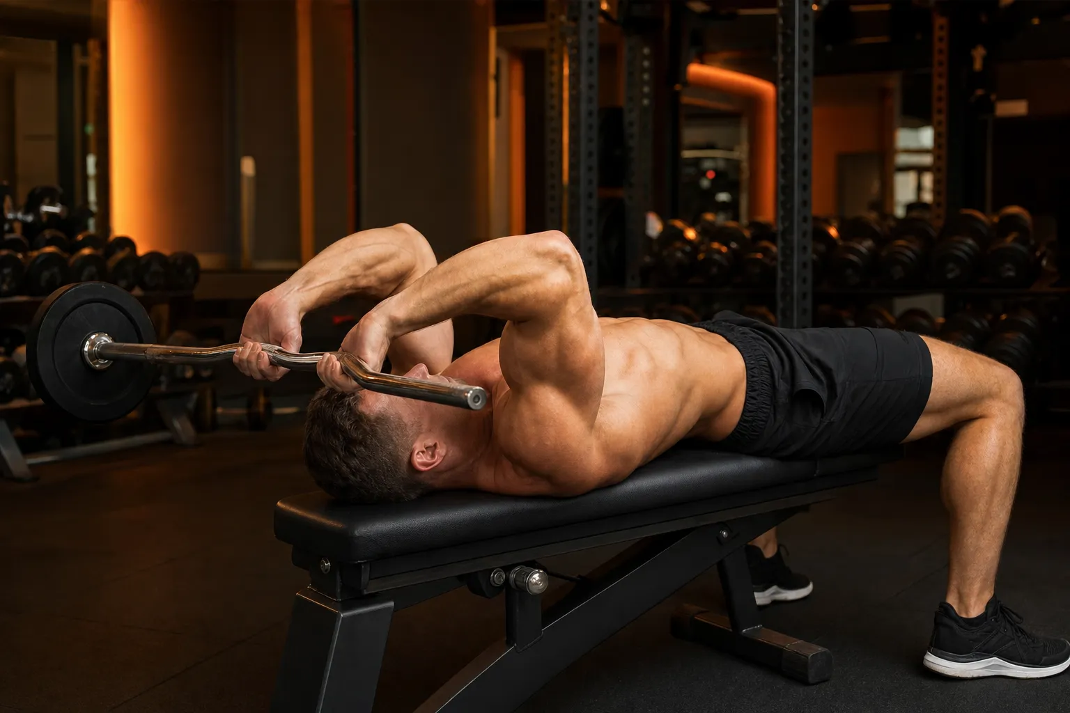 Athlete lying on a flat bench performing a skull crusher (lying triceps extension) with a barbell, bar lowered near forehead, triceps flexed