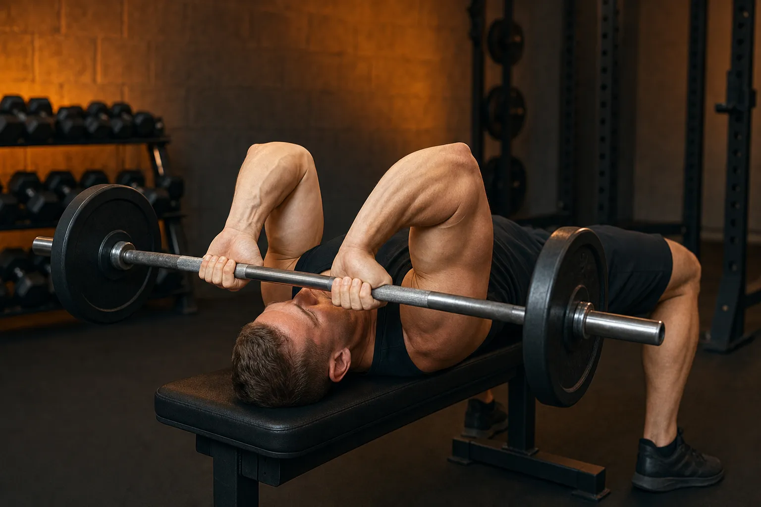 Skull crusher at the bottom of the movement, bar lowered near the forehead, elbows bent