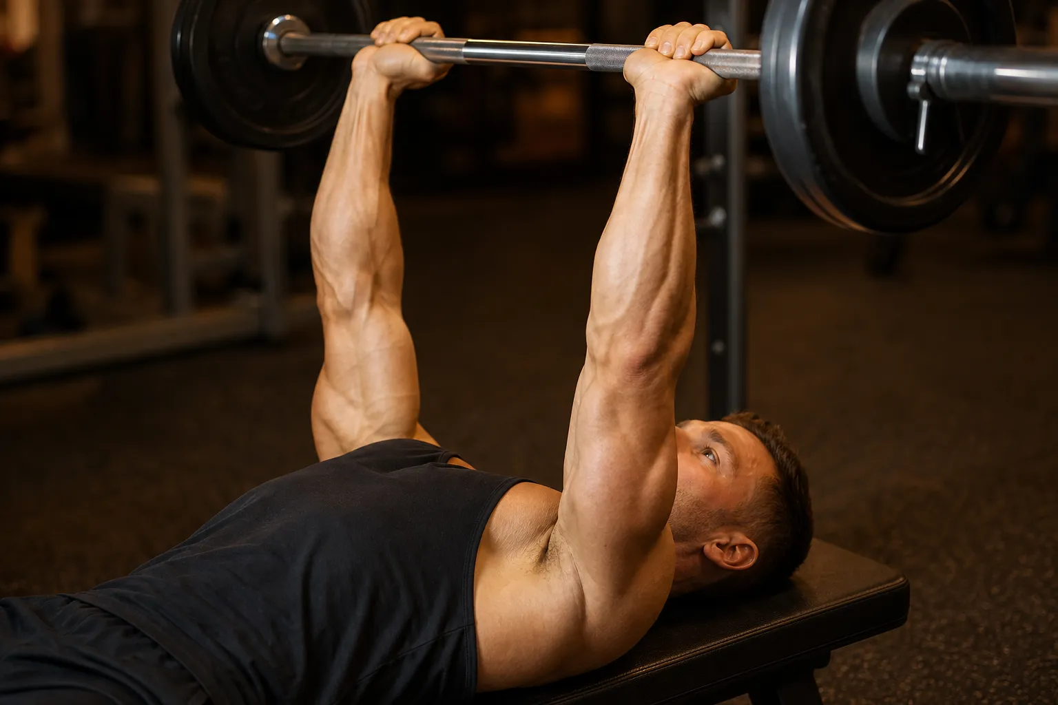 Skull crusher at the top of the movement, arms extended, bar over upper chest