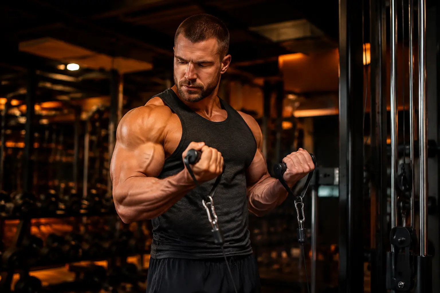 Athlete performing cable bicep curl with constant tension on the cable machine