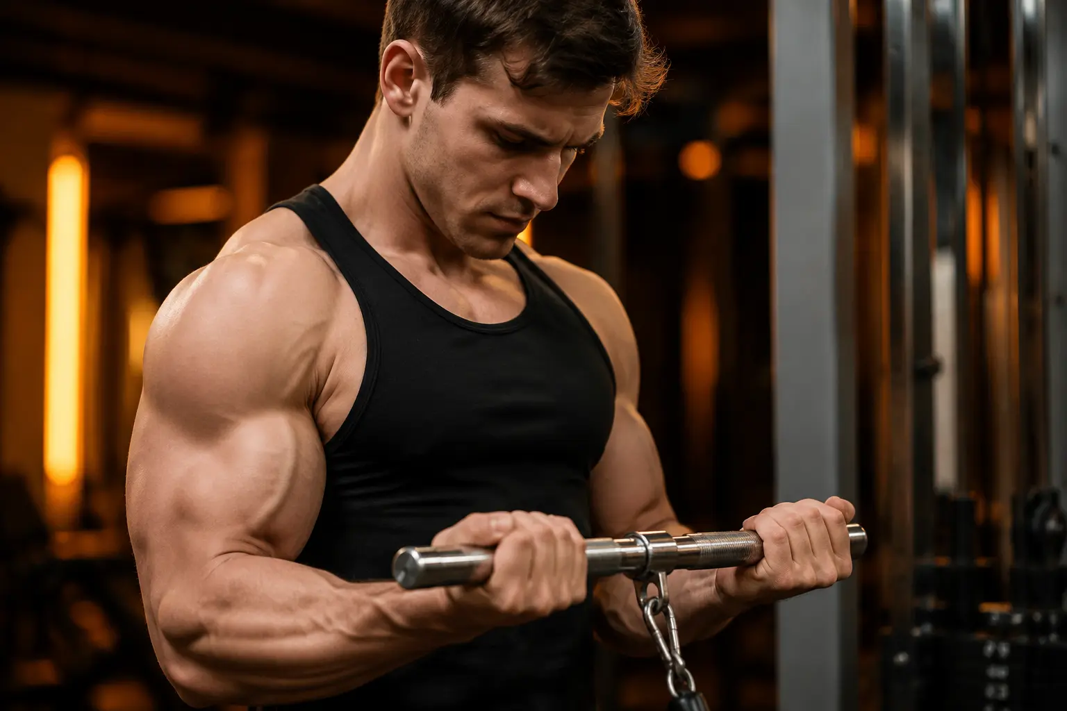 Close-up of athlete performing cable bicep curl with proper arm positioning