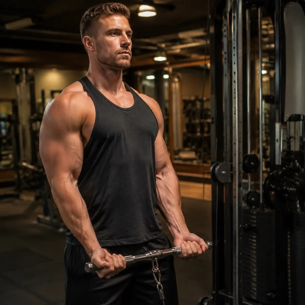 Cable bicep curl bottom starting position with arms extended