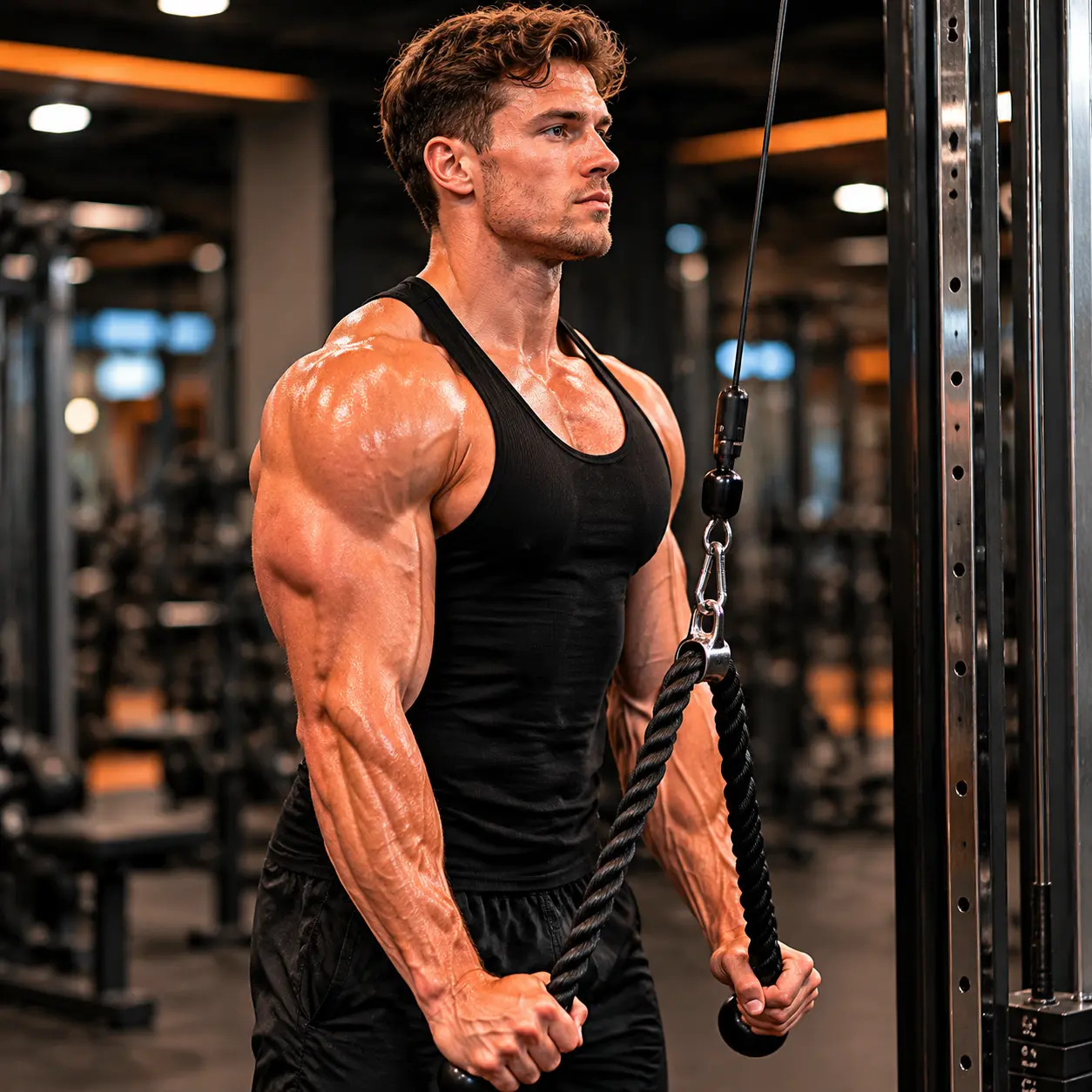 Cable tricep pushdown bottom position with full extension and rope spread