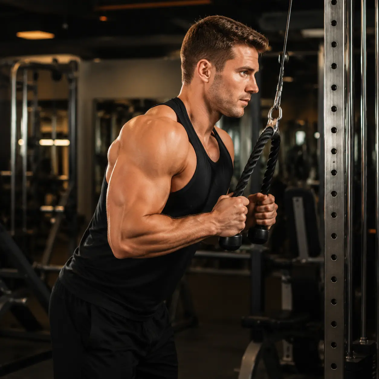 Cable tricep pushdown starting position with elbows at 90 degrees