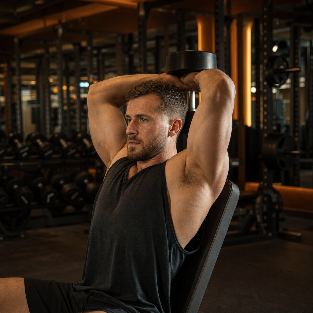 Dumbbell overhead tricep extension at bottom stretched position