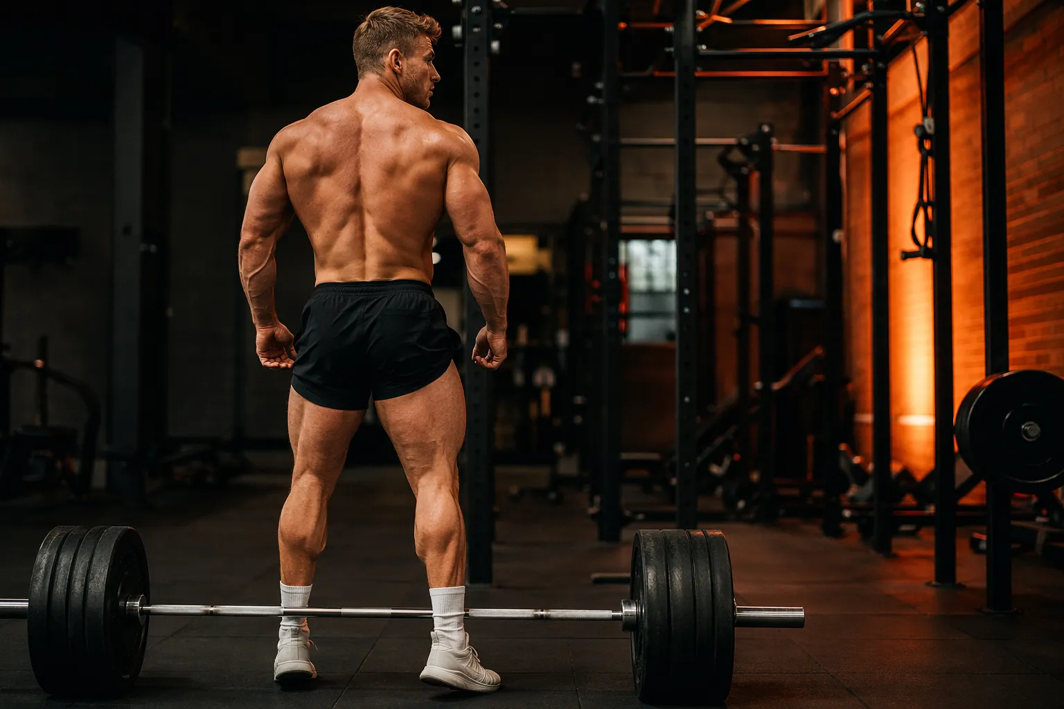 Lifter standing over a barbell on the floor, ready to start a heavy back workout