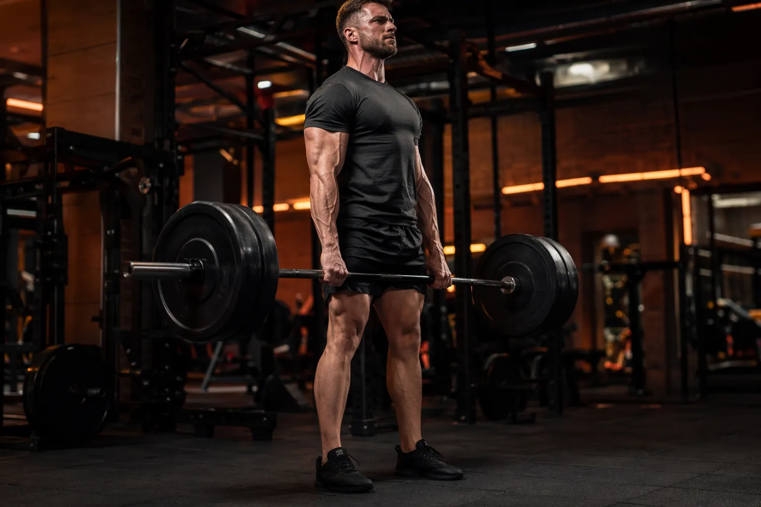 Athlete setting up for a conventional deadlift with flat back and chest proud