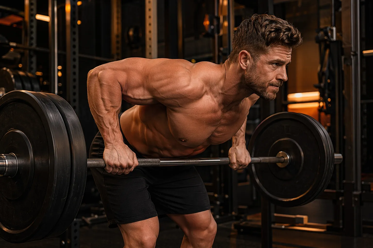 Lifter performing barbell row with torso at 45 degrees, pulling to lower chest