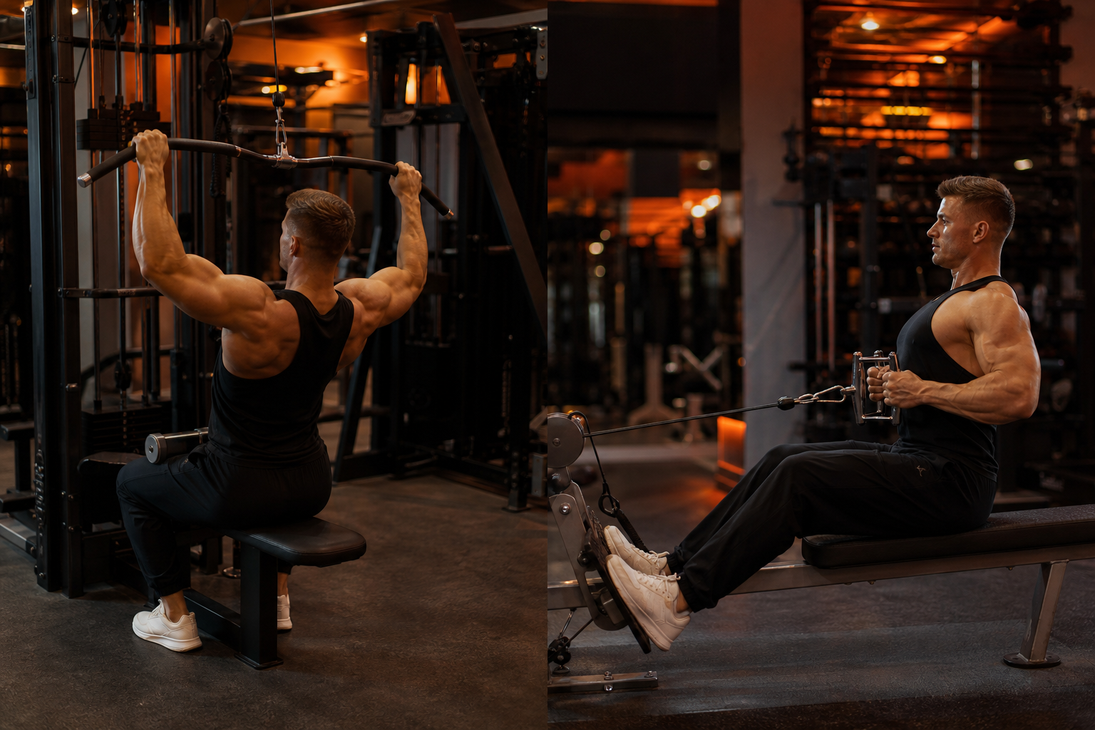 Athlete performing wide-grip lat pulldown to the upper chest