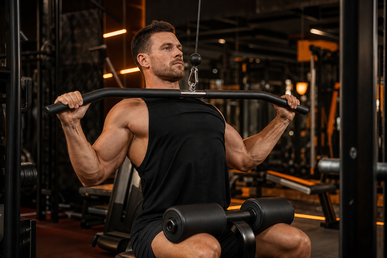 Seated cable row with torso at 45 degrees pulling to the navel