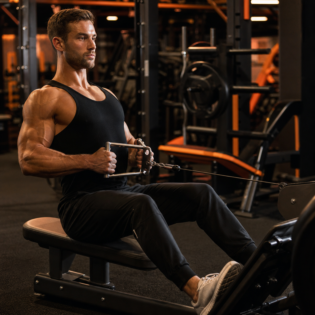 Seated cable row pull to abdomen contraction