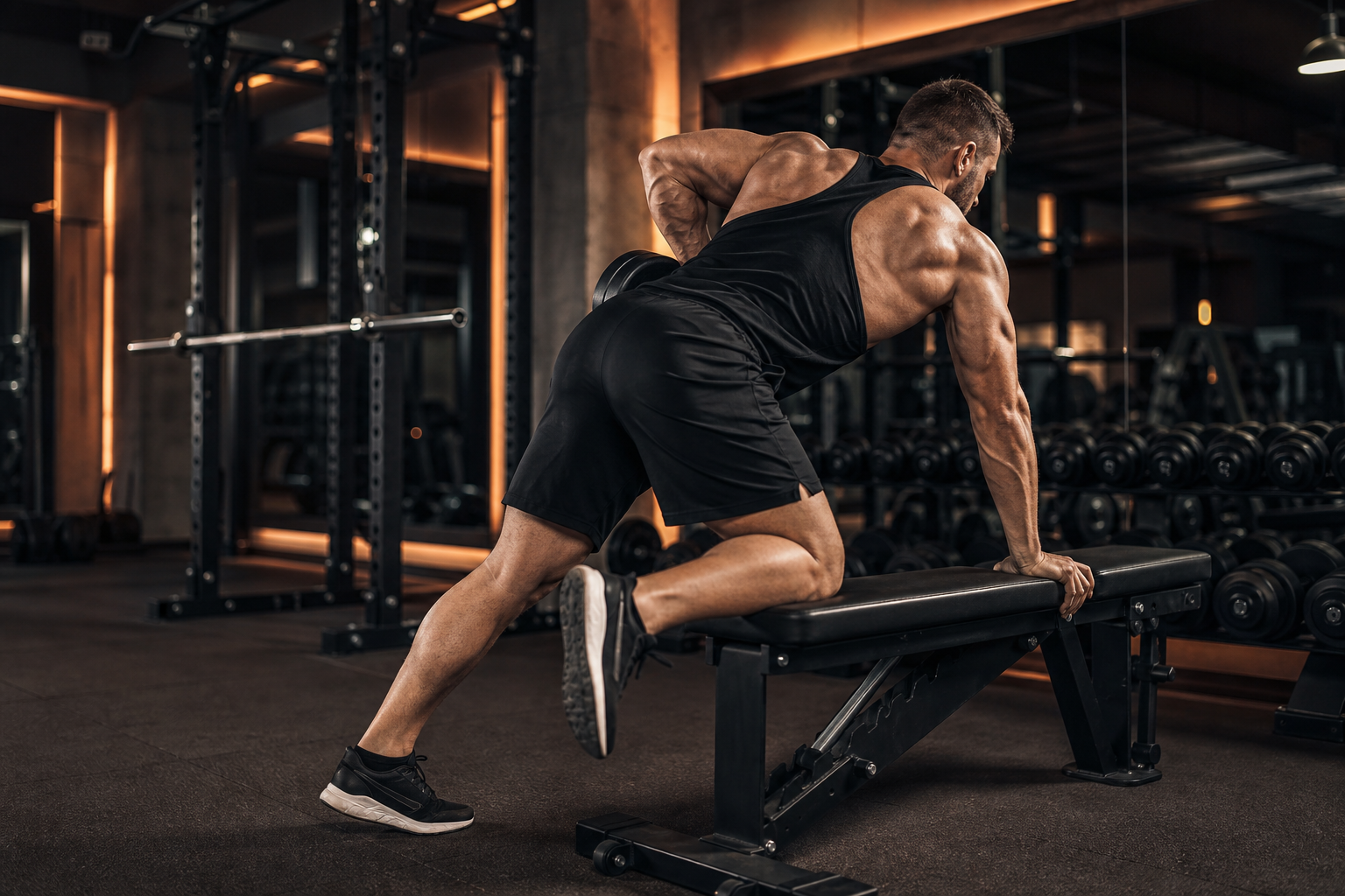 Athlete gripping a dumbbell with one hand on a bench, ready for a back workout