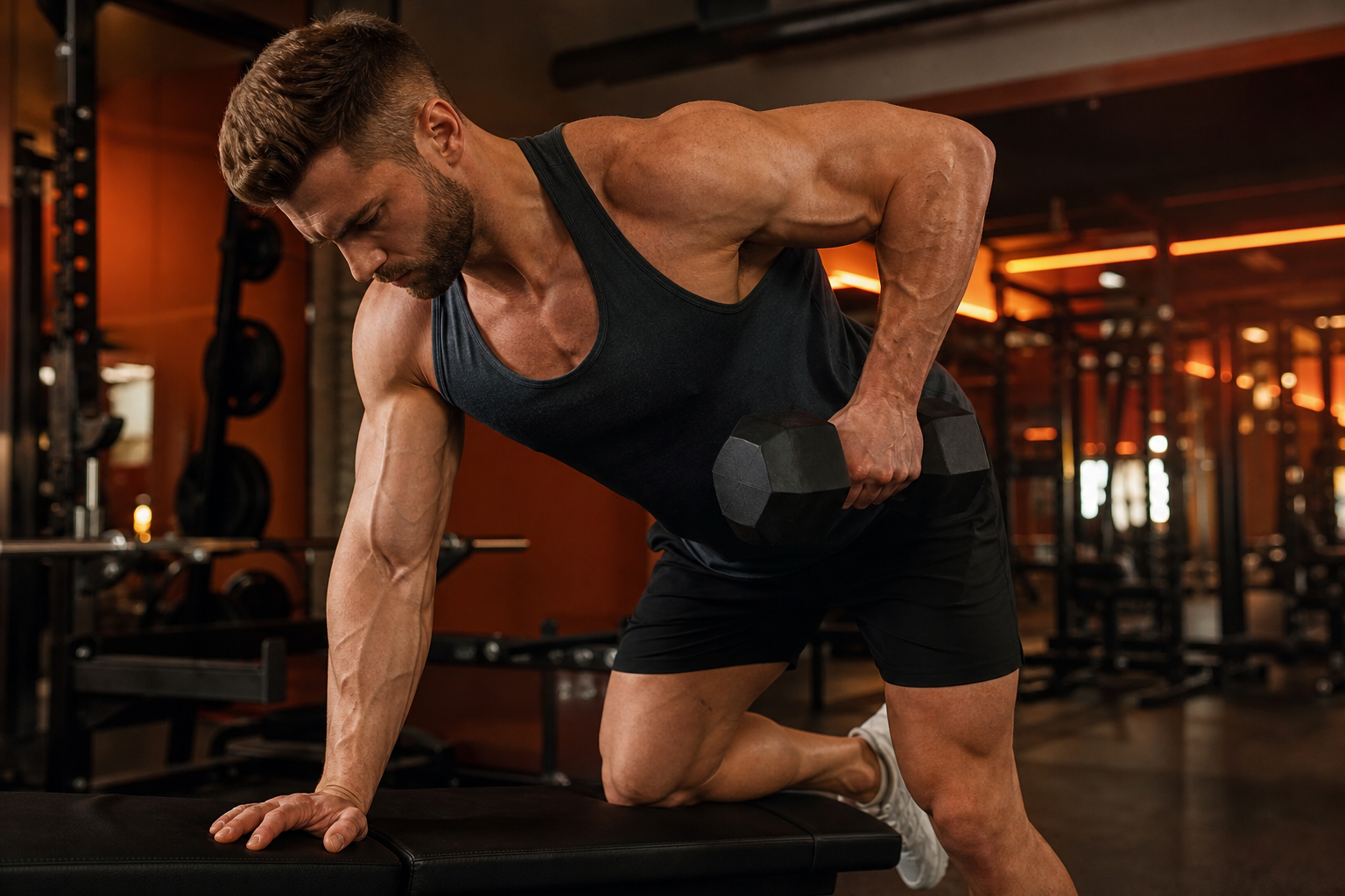 Lifter performing single-arm dumbbell row, driving elbow back and squeezing shoulder blade