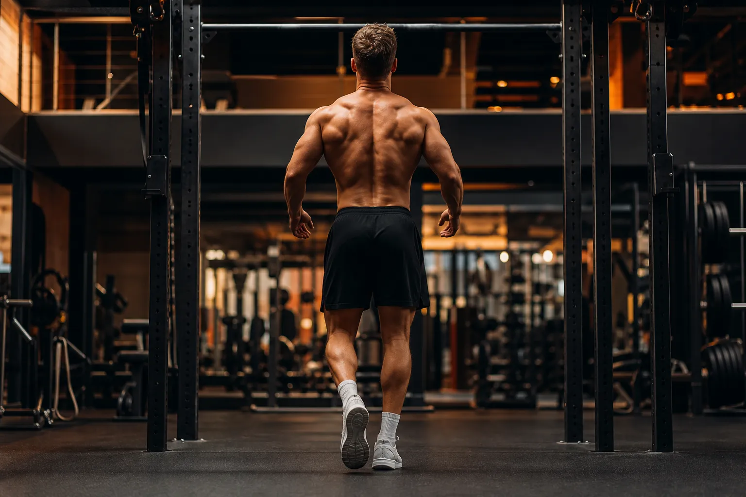 Athlete approaching a pull-up bar with broad lats and developed back, ready to start a pull-up workout