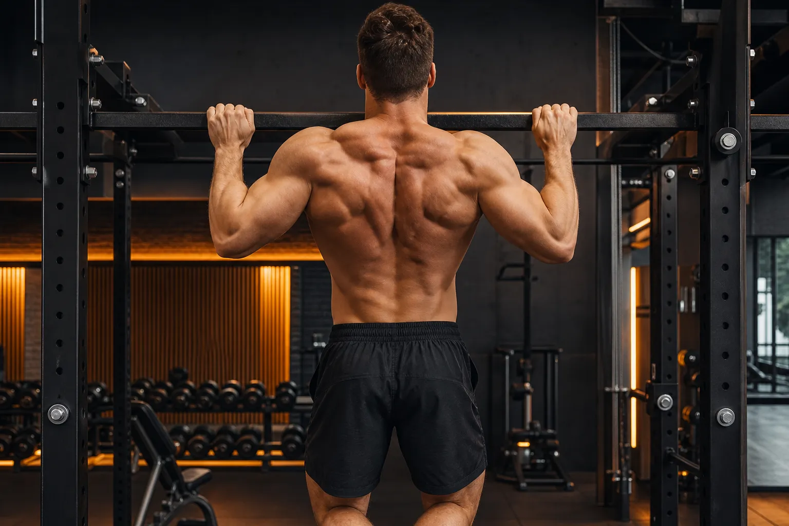 Lifter at the top of a strict pull-up with chin over the bar and lats fully contracted