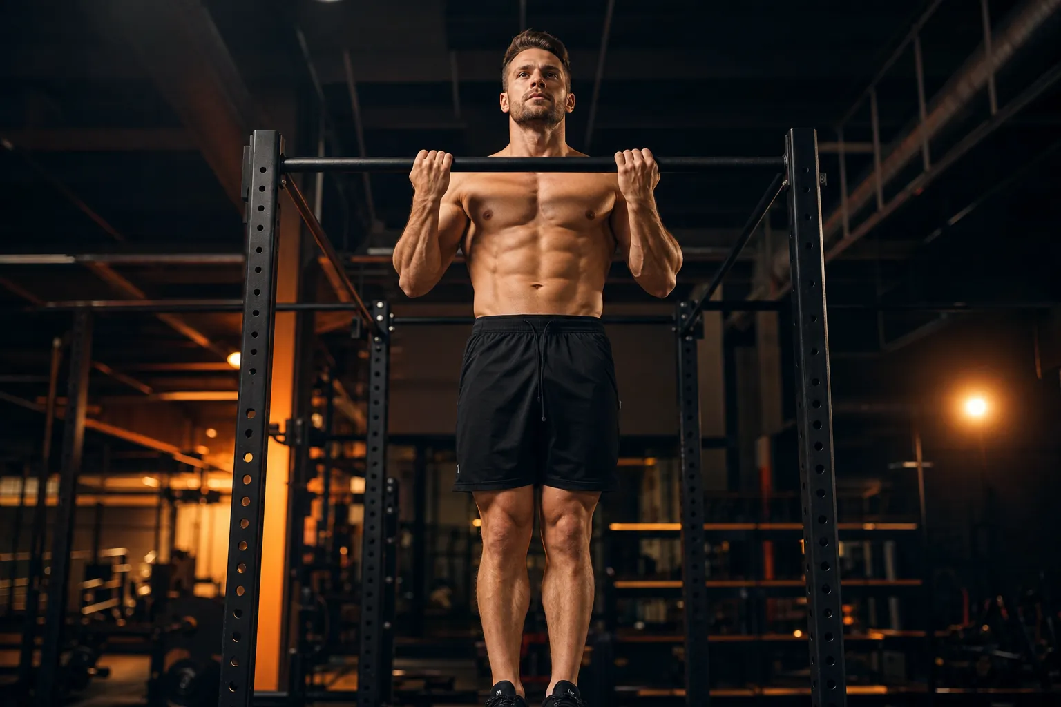 Athlete at the top of a chin-up with underhand grip and biceps fully contracted