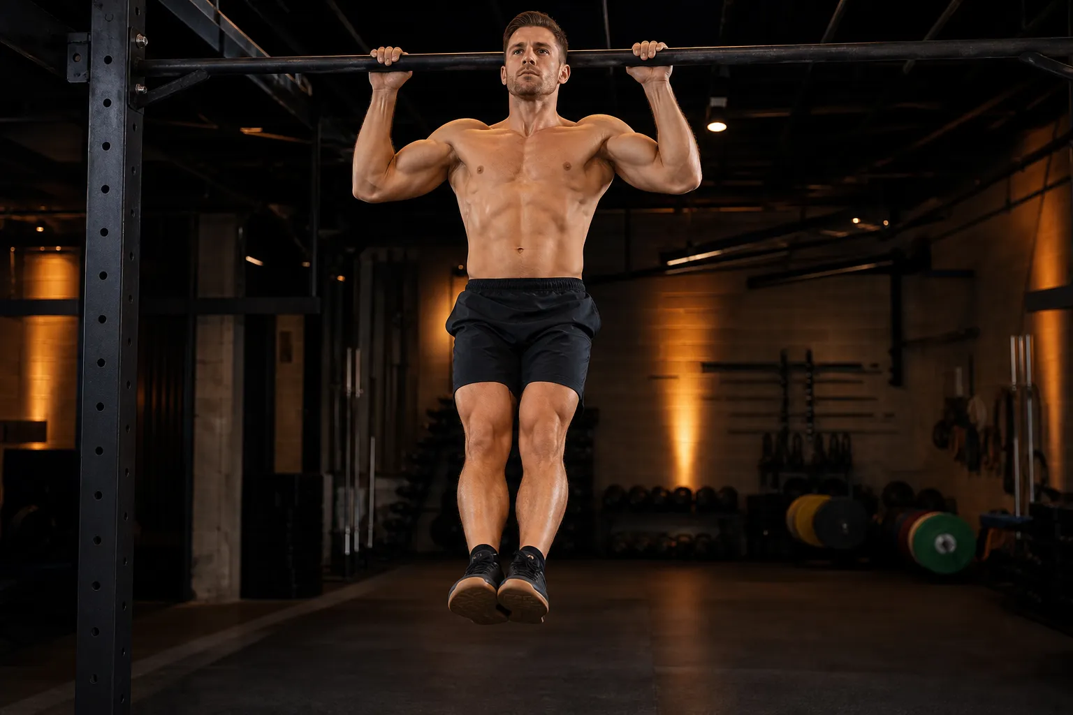 Beginner doing a slow negative pull-up, descending controlled from the top of the bar