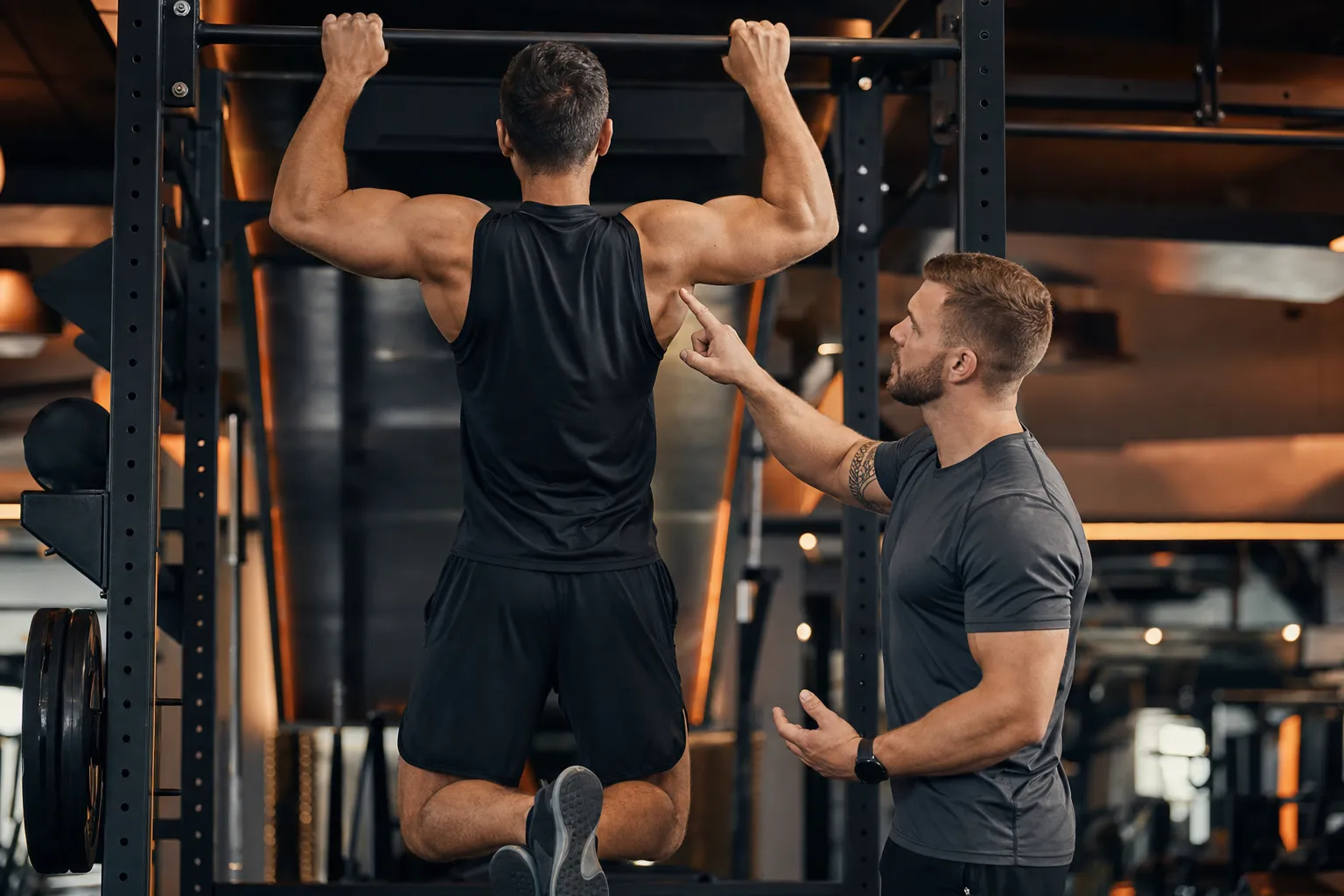Coach pointing out kipping and partial range-of-motion errors on a pull-up bar