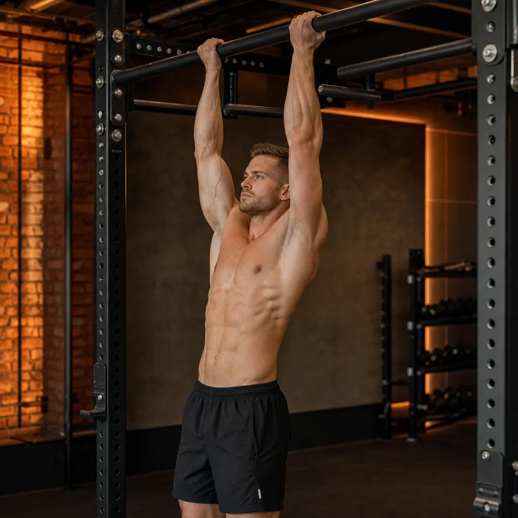 Chin-up bottom dead hang position with underhand grip and arms fully extended