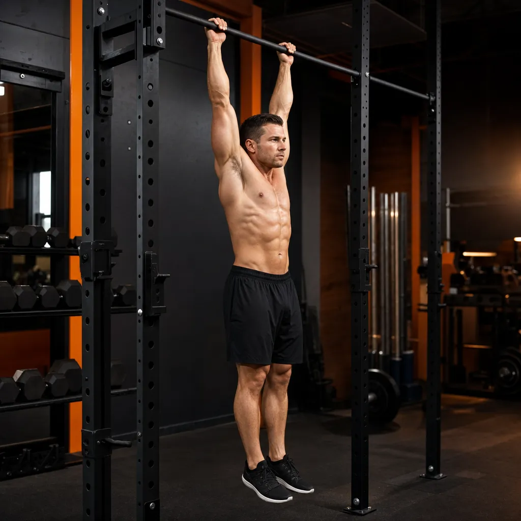 Pull-up bottom dead hang position with arms fully extended and lats engaged