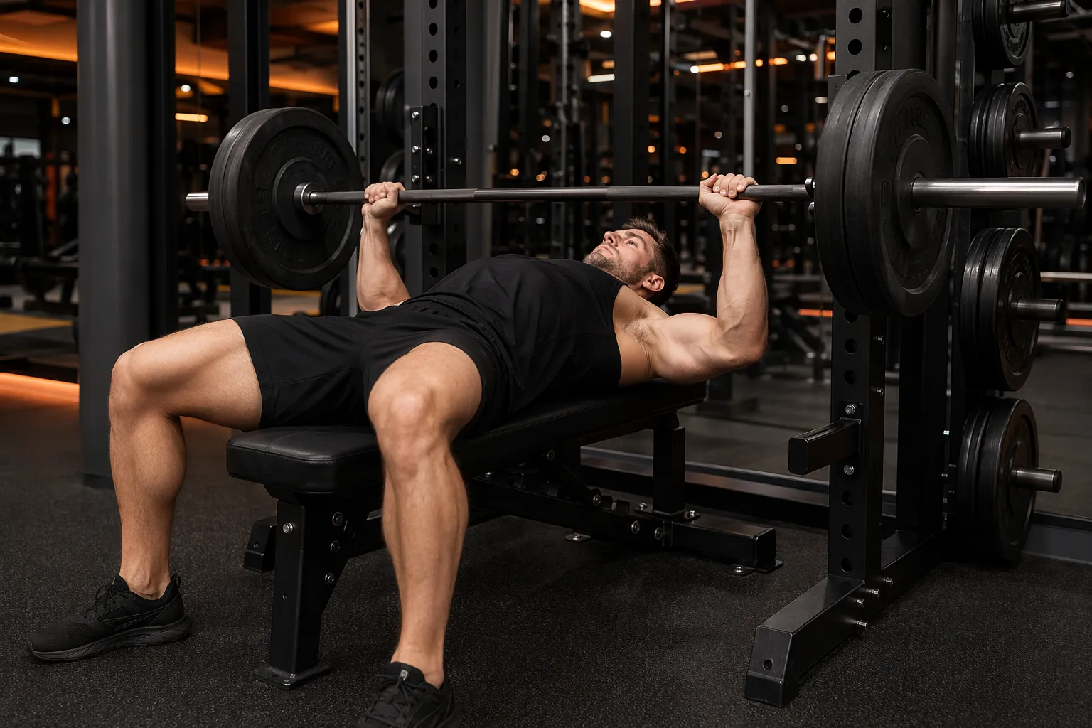 Lifter loading a barbell on the bench press rack, preparing for a heavy chest workout