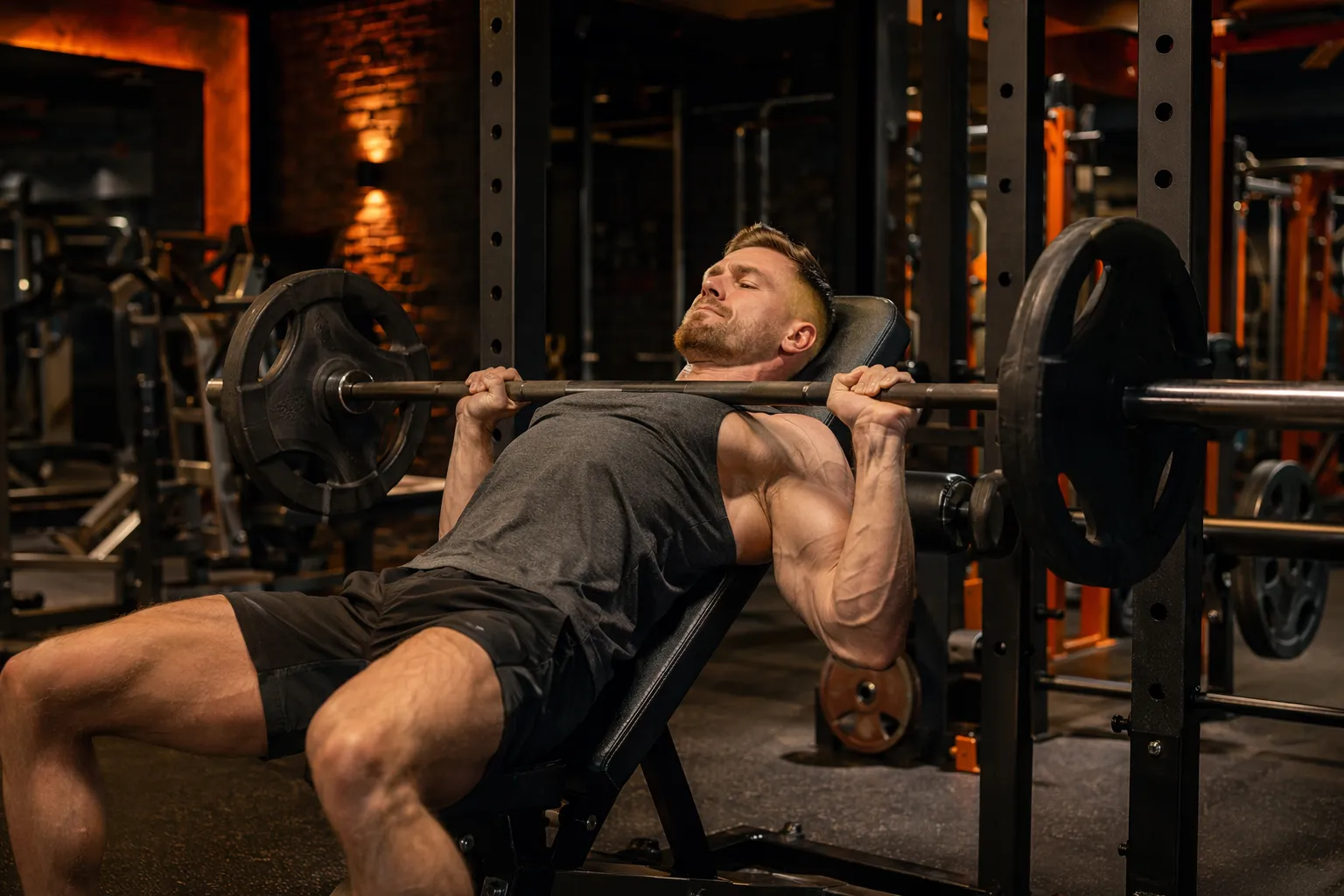 Lifter doing incline barbell bench press at 30 degrees, targeting the upper chest