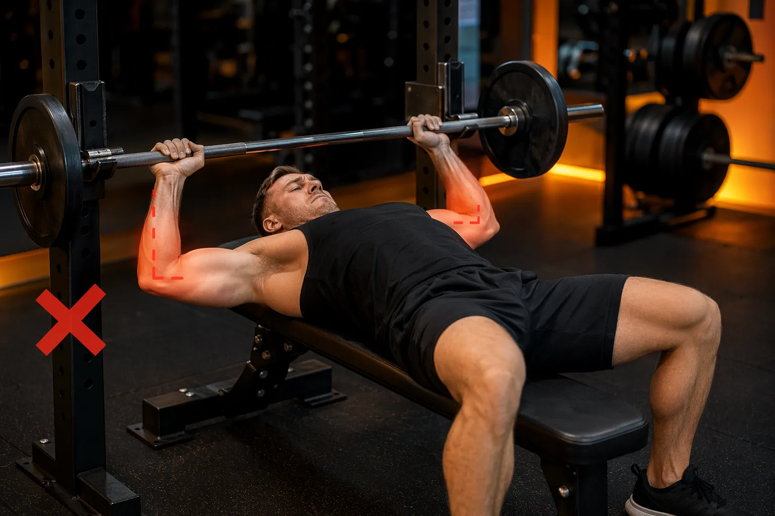 Coach correcting bench press form, pointing out elbow flare and grip issues