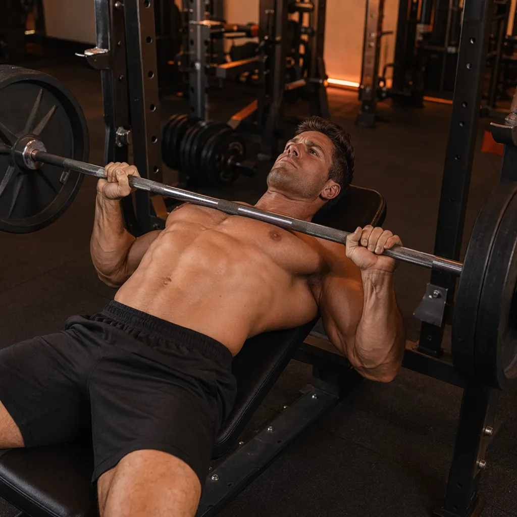 Flat bench press execution, bar at chest level