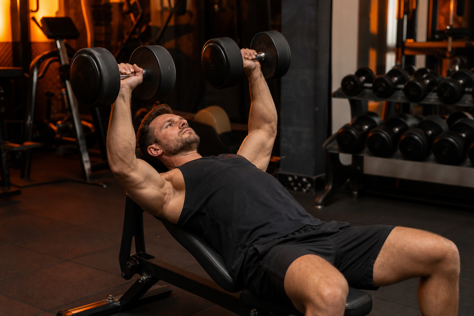 Lifter performing dumbbell bench press with arms at 45 degrees, V-shaped pressing path