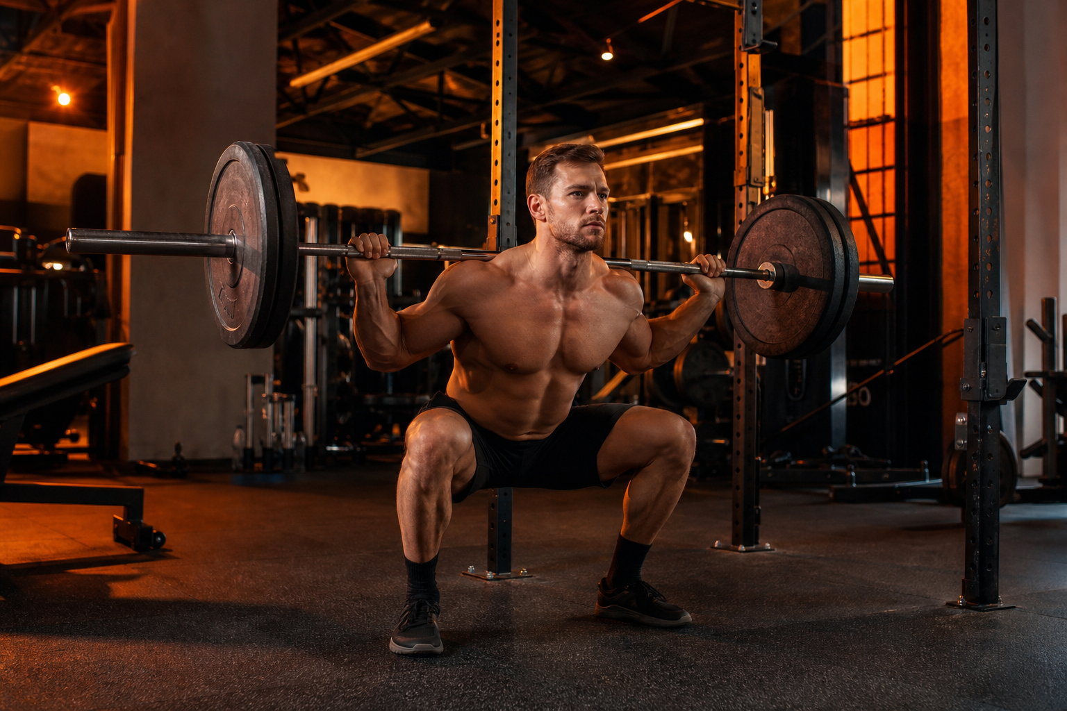 Athlete setting up for barbell back squat with bar across upper traps