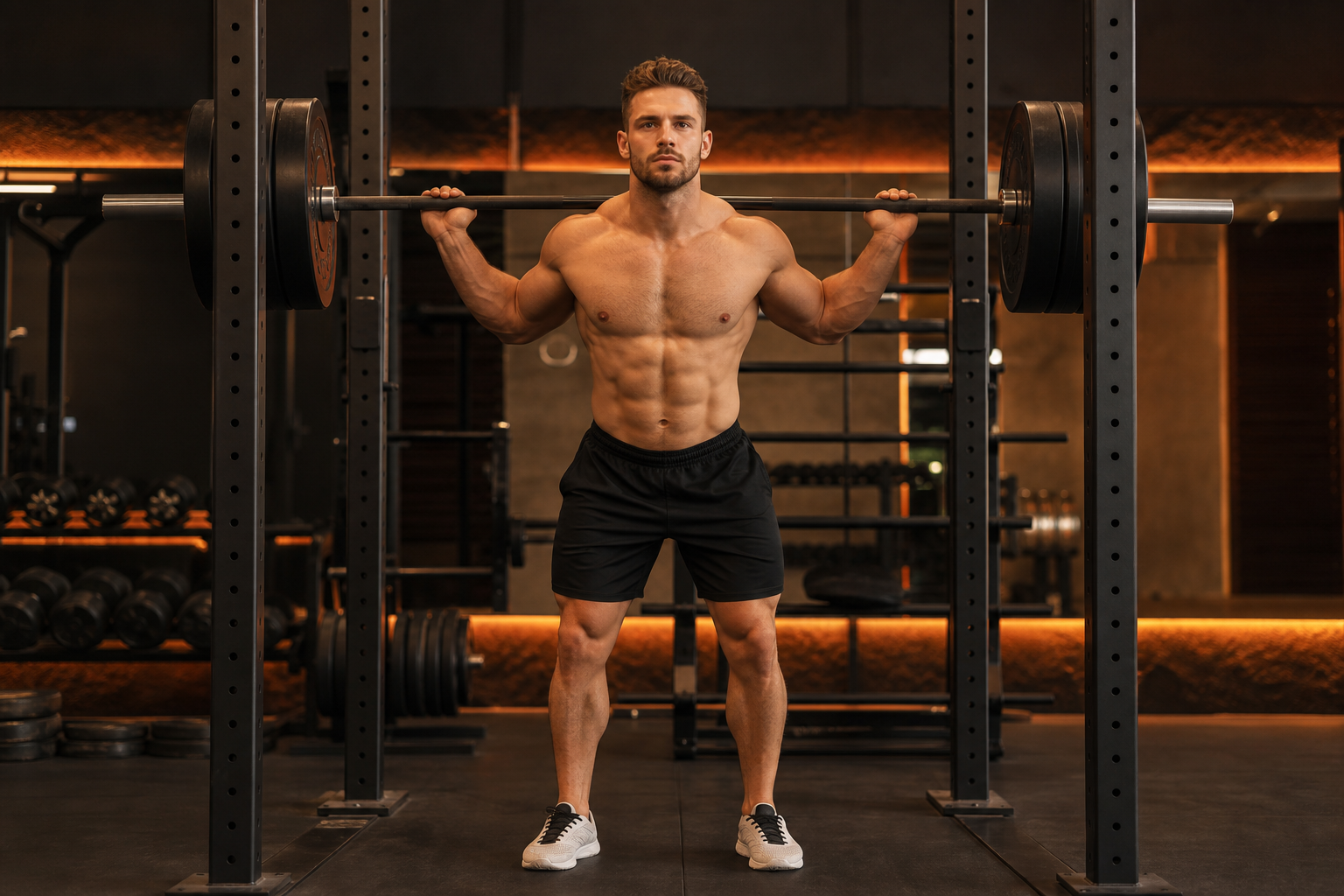 Barbell back squat at the bottom position with proper depth