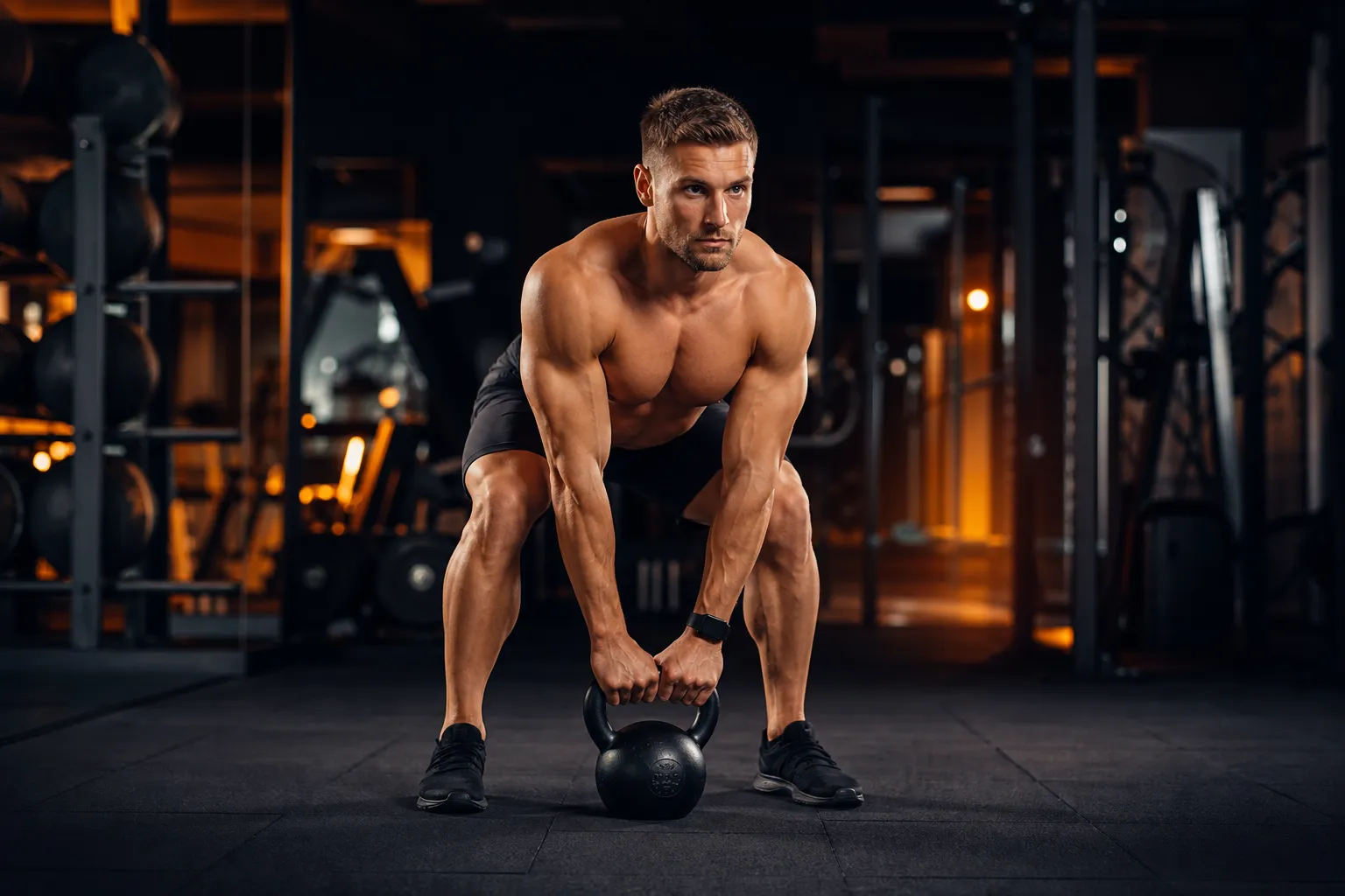 Athlete in athletic stance with kettlebell on the floor, ready to start a kettlebell leg workout