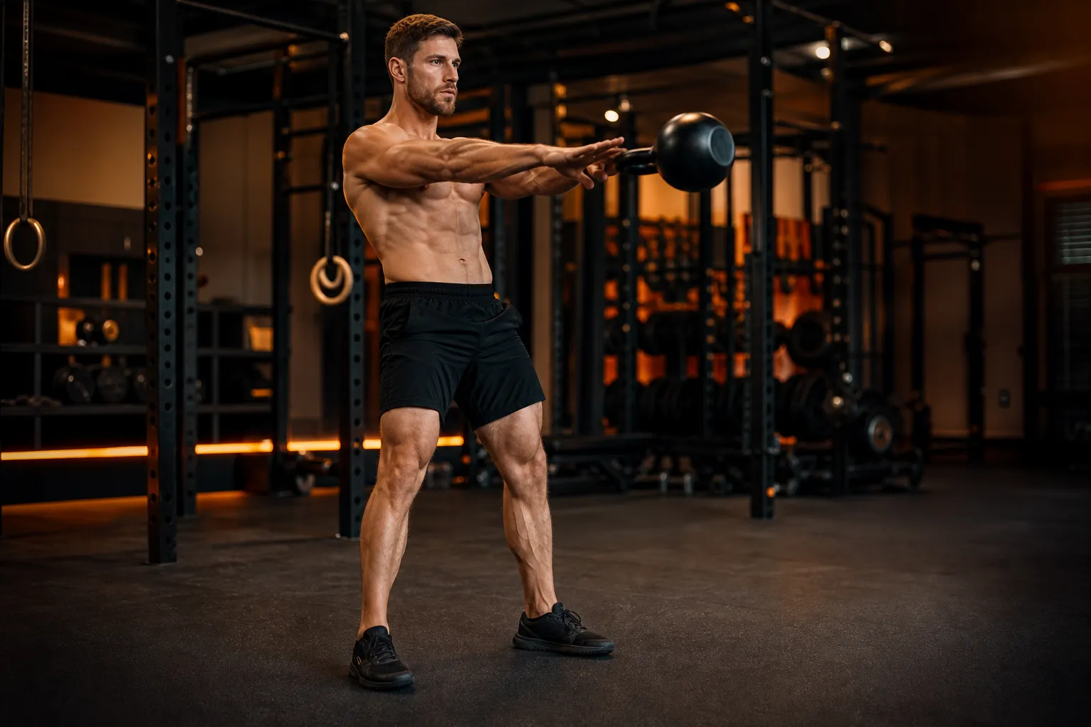 Lifter mid-swing with kettlebell at chest height, hips extended and glutes contracted