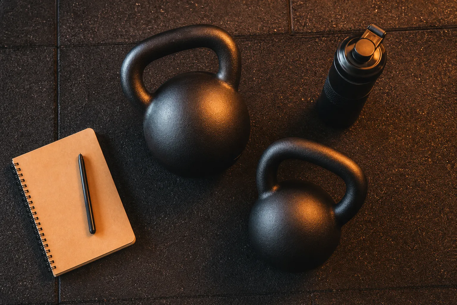 Two kettlebells of different sizes on a gym floor next to a workout notebook