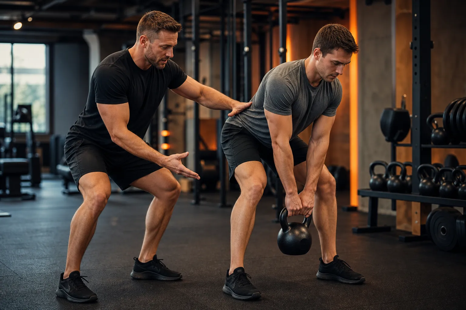Coach demonstrating common kettlebell swing and goblet squat form errors and corrections