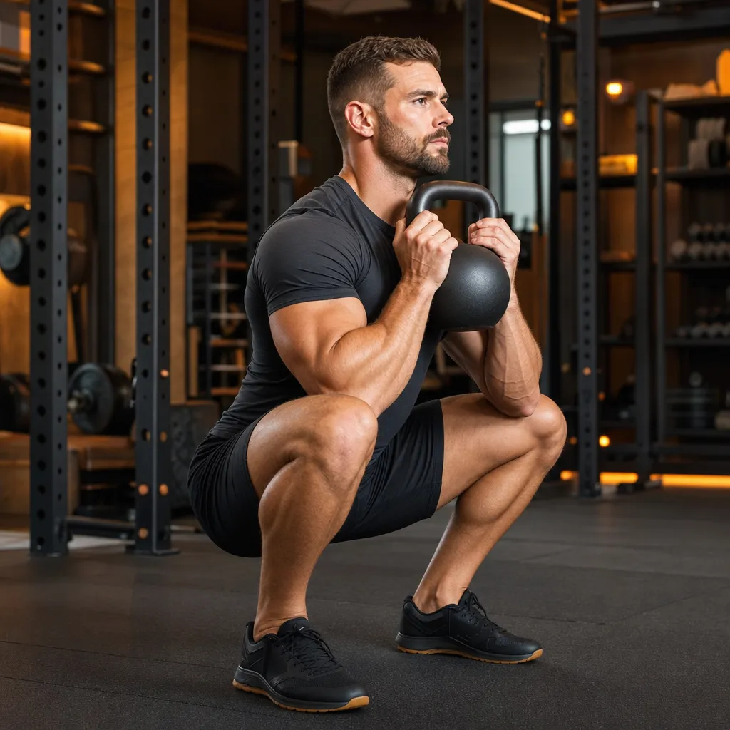 Kettlebell goblet squat bottom position, elbows inside knees and chest tall
