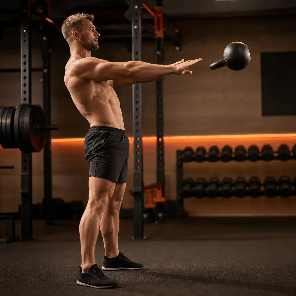 Kettlebell swing top position, bell floating at chest height