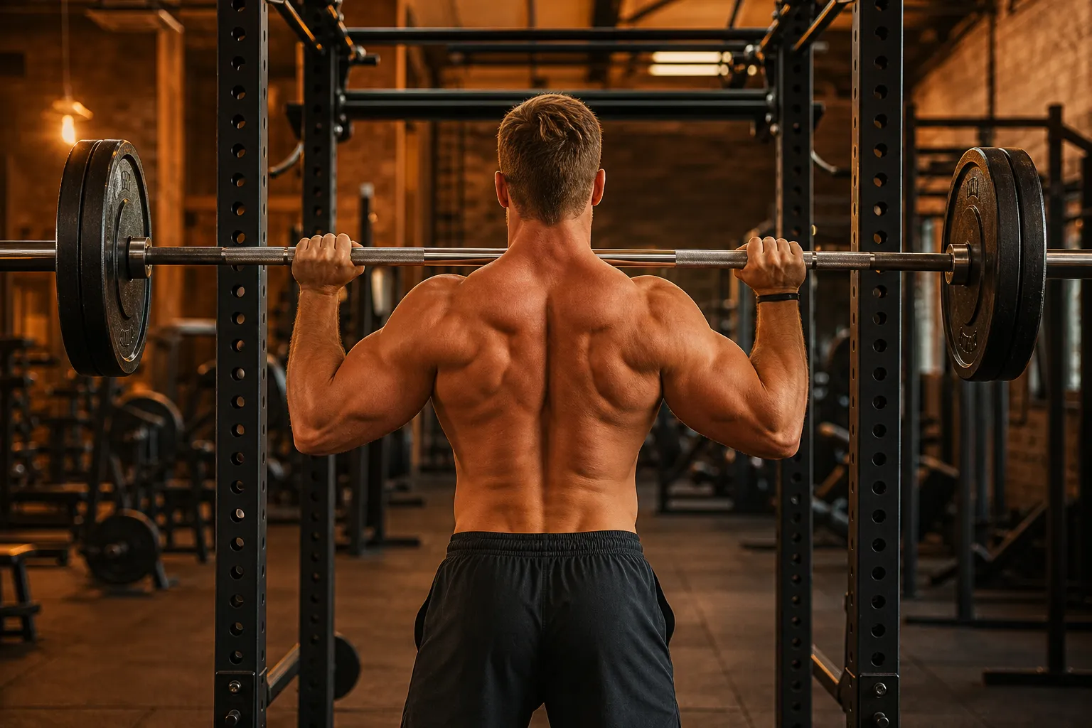 Athlete preparing to overhead press a loaded barbell in a power rack, shoulders and upper back visible