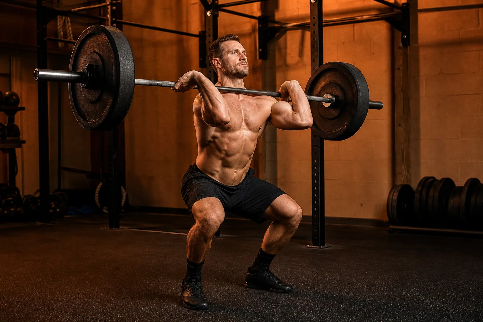 Athlete performing a barbell push press, dipping at the knees before driving the bar overhead